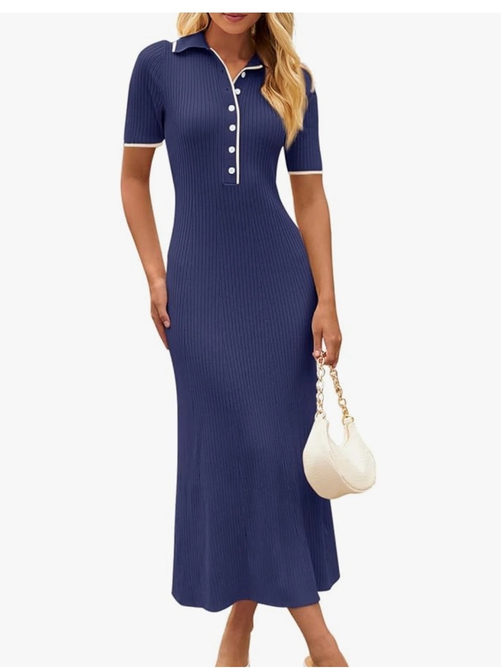 Navy Ribbed Polo Midi Dress with Contrast Trim